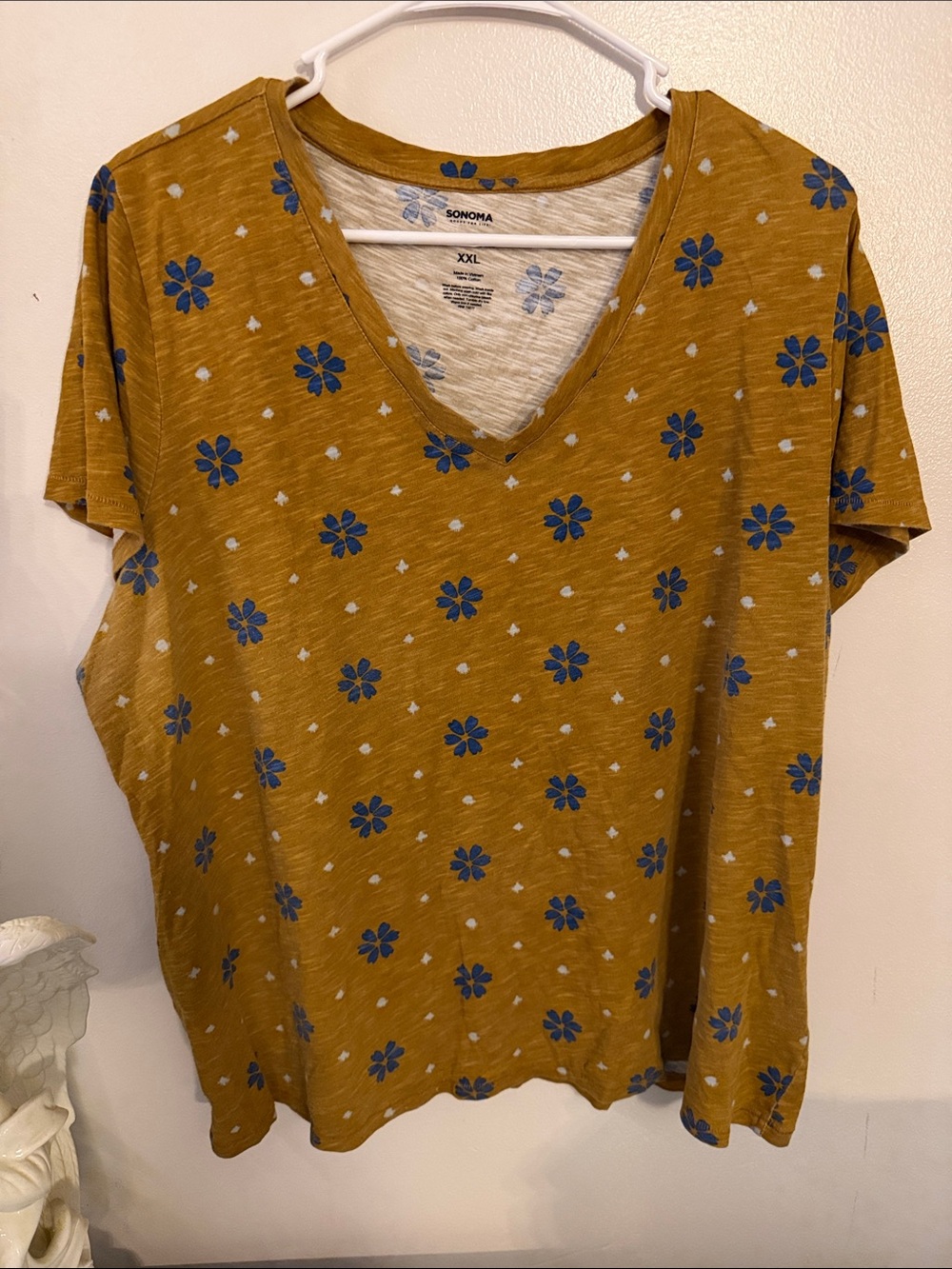 Sonoma Mustard V-Neck Tee with Blue Floral Print